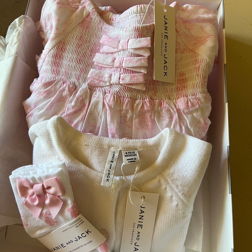 Janie and Jack Pink and White Bunny Dress with Cardigan Sweater and Socks